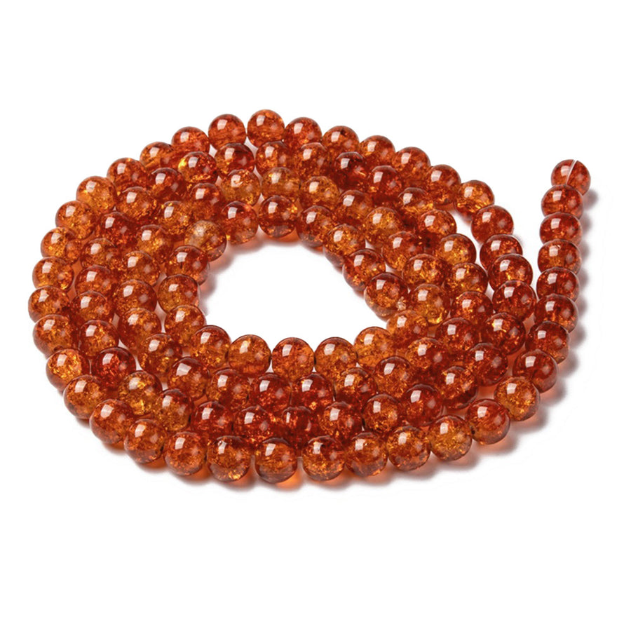 Popular Crackle Glass Beads, Round, Dark Orange Color. Glass Bead Strands for DIY Jewelry Making. Affordable, Colorful Crackle Beads.   Size: 4mm Diameter Hole: 1.1mm; approx. 198pcs/strand, 31" Inches Long  Material: The Beads are Made from Glass. Crackle Glass Beads, Dark Orange Colored Beads with Clear Markings.  Polished, Shinny Finish.