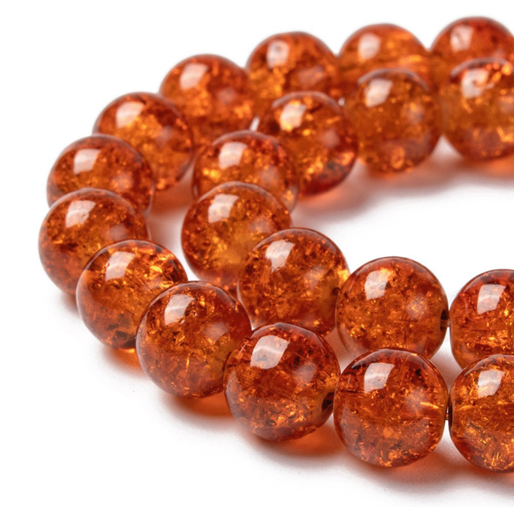 Popular Crackle Glass Beads, Round, Orange Color. Glass Bead Strands for DIY Jewelry Making. Affordable, Colorful Crackle Beads.   Size: 6mm Diameter Hole: 1mm; approx. 125pcs/strand, 31" Inches Long  Material: The Beads are Made from Glass. Crackle Glass Beads, Dark Orange Colored Beads. Polished, Shinny Finish.