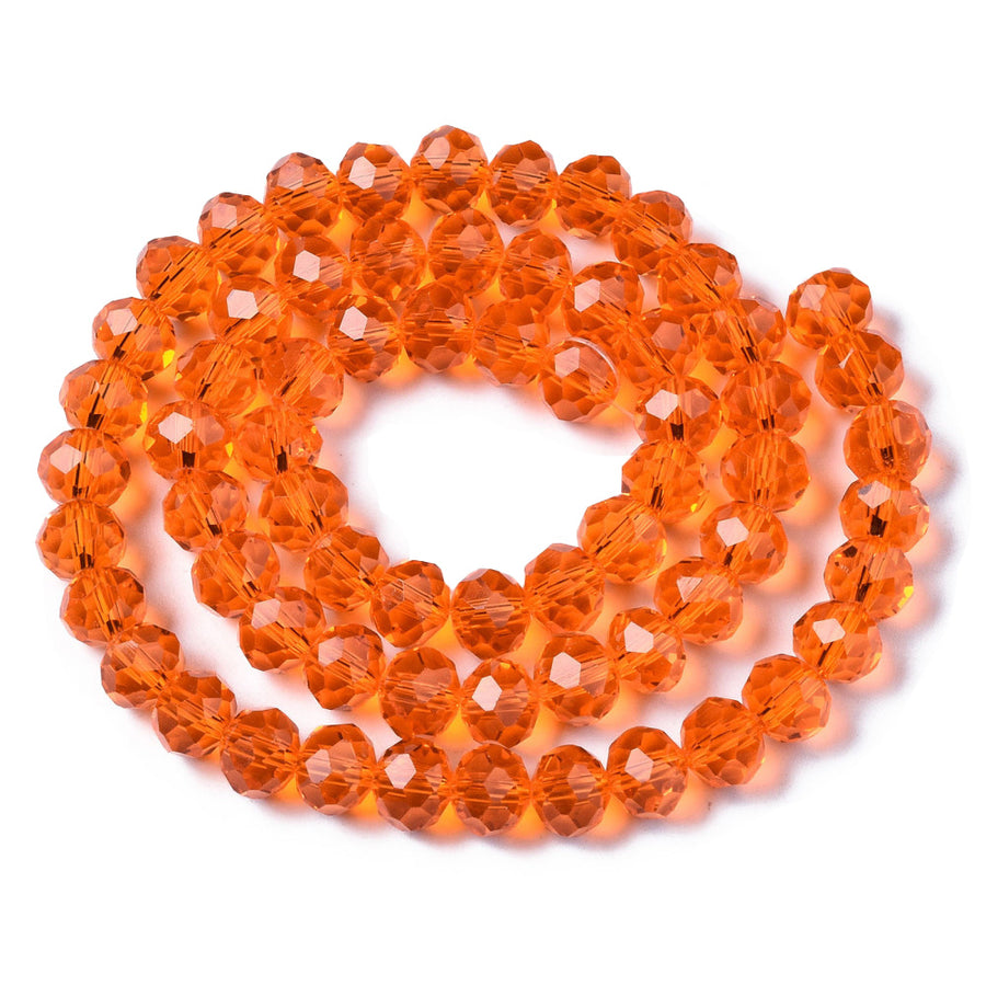 Glass Crystal Beads, Faceted, Orange Color, Rondelle, Glass Crystal Bead Strands. Shinny Crystal Beads for Jewelry Making.  Size: 8mm Diameter, 6mm Thick, Hole: 1mm; approx. 65pcs/strand, 16" inches long.