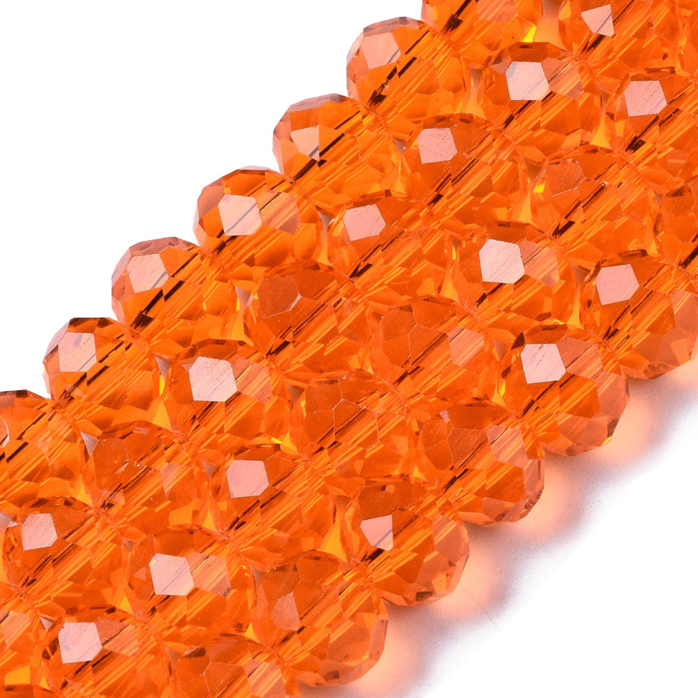 Glass Crystal Beads, Faceted, Orange Color, Rondelle, Glass Crystal Bead Strands. Shinny Crystal Beads for Jewelry Making.  Size: 8mm Diameter, 6mm Thick, Hole: 1mm; approx. 65pcs/strand, 16" inches long.