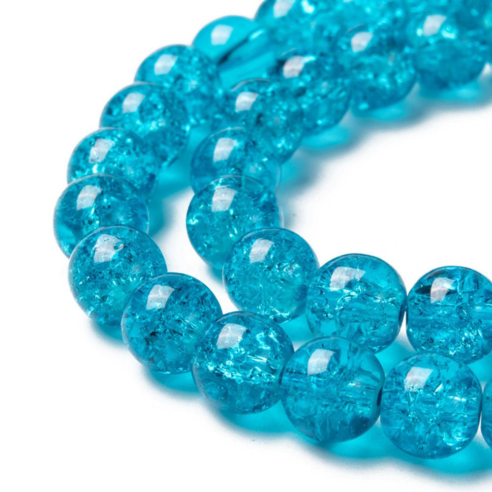 Popular Crackle Glass Beads, Round, Turquoise Blue Color. Glass Bead Strands for DIY Jewelry Making.   Size: 8mm Diameter Hole: 1.5mm; approx. 100pcs/strand, 31" Inches Long.  Material: The Beads are Made from Glass. Crackle Glass Beads, Dark Turquoise Blue Colored Beads. Polished, Shinny Finish.