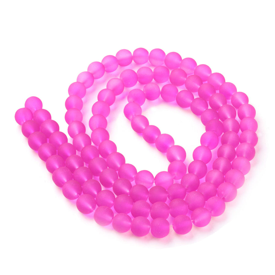 Frosted Glass Beads, Round, Bright Hot Pink Color. Matte Glass Bead Strands for DIY Jewelry Making. Affordable, Colorful Frosted Beads. Great for Stretch Bracelets.  Size: 8mm Diameter Hole: 2mm; approx. 105pcs/strand, 31" Inches Long.  Material: The Beads are Made from Glass. Frosted Glass Beads, Hot Magenta Pink Colored Beads. Unpolished, Matte Finish.