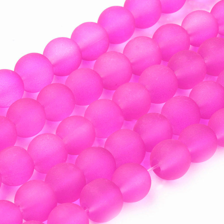 Frosted Glass Beads, Round, Bright Hot Pink Color. Matte Glass Bead Strands for DIY Jewelry Making. Affordable, Colorful Frosted Beads. Great for Stretch Bracelets.  Size: 8mm Diameter Hole: 2mm; approx. 105pcs/strand, 31" Inches Long.  Material: The Beads are Made from Glass. Frosted Glass Beads, Hot Magenta Pink Colored Beads. Unpolished, Matte Finish.