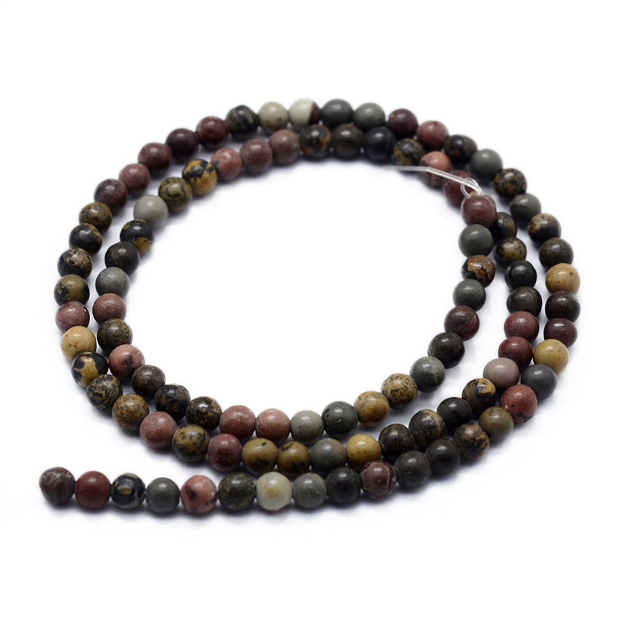 Natural Dendritic Jasper Beads, Round, Dark Multi Color. Semi-Precious Gemstone Beads for Jewelry Making.   Size: 6mm Diameter, Hole: 0.8mm; approx. 60-63pcs/strand, 14.75" inches long.  Material: The Beads are Natural Dendritic Jasper Stone. Polished, Shinny Finish.  Dendritic Jasper Properties: This Stone is Believed to Bring Clarity of Mind and Sharp Thinking. Dendritic Jasper is very good for writers and inventors. It is a stone that encourages creativity and idealistic thinking.