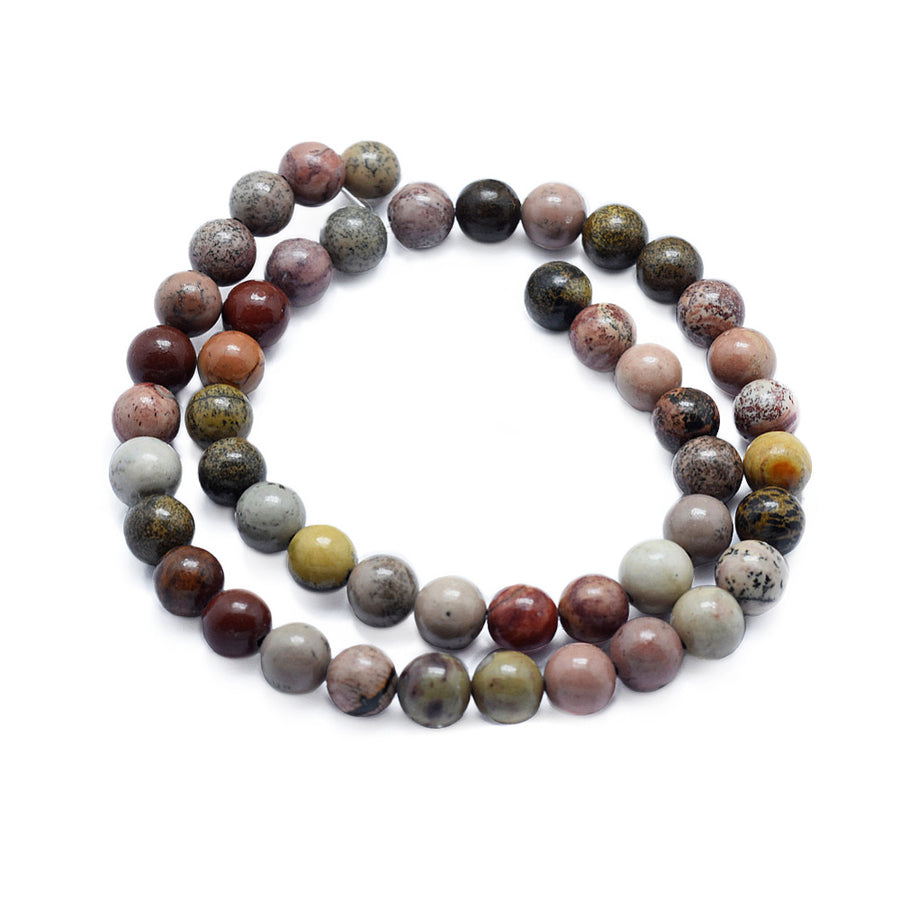 Dendritic Chohua Jasper Beads, Round, Multi-Color. Semi-Precious Gemstone Beads for Jewelry Making. Affordable High Quality Beads, Great for Stretch Bracelets. The Beads are Natural Chohua Jasper Stone. Polished, Shinny Finish. Affordable Jasper Beads for DIY Jewelry Making.