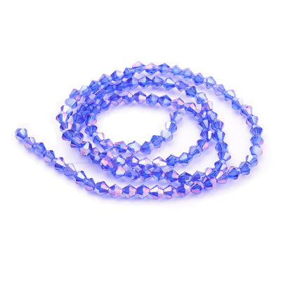 Dodger Blue AB Color Plated Glass Crystal Beads, Electroplated, Faceted, Blue Color, Bicone, Crystal Beads for Jewelry Making.  Size: 4mm Length, 4mm Width, Hole: 1mm; approx. 92-96pcs/strand, 14" inches long.  Material: The Beads are Made from Glass. Austrian Crystal Imitation Glass Crystal Beads, Bicone, Dodger Blue Colored Beads. Polished, Shinny Finish. 