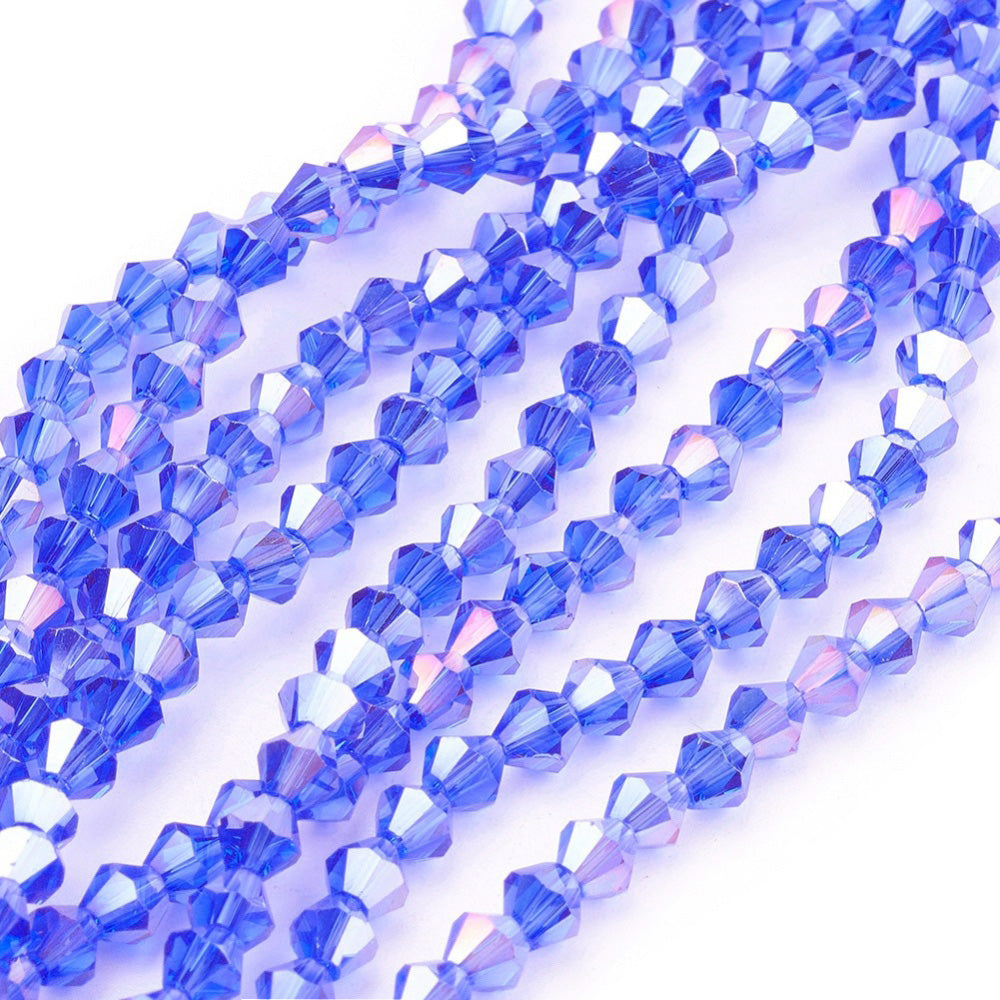 Dodger Blue AB Color Plated Glass Crystal Beads, Electroplated, Faceted, Blue Color, Bicone, Crystal Beads for Jewelry Making.  Size: 4mm Length, 4mm Width, Hole: 1mm; approx. 92-96pcs/strand, 14" inches long.  Material: The Beads are Made from Glass. Austrian Crystal Imitation Glass Crystal Beads, Bicone, Dodger Blue Colored Beads. Polished, Shinny Finish. 