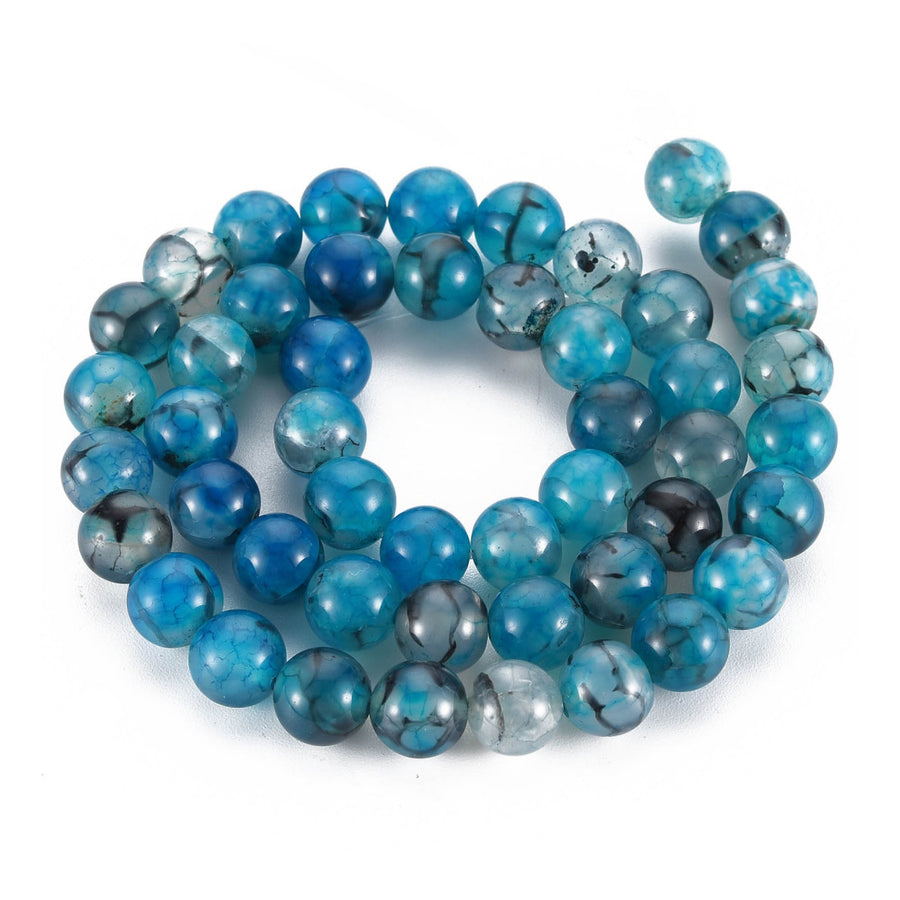 Dragon Vein Agate Beads, Round, Steel Blue Color. Semi-Precious Gemstone Beads for Jewelry Making.  Size: 8mm Diameter, Hole: 1mm; approx. 46pcs/strand, 14.5" Inches Long.  Material: Natural Dragon Vein Agate Loose Gemstone Beads, Steel Blue Color Stone Beads. Polished, Shinny Finish.