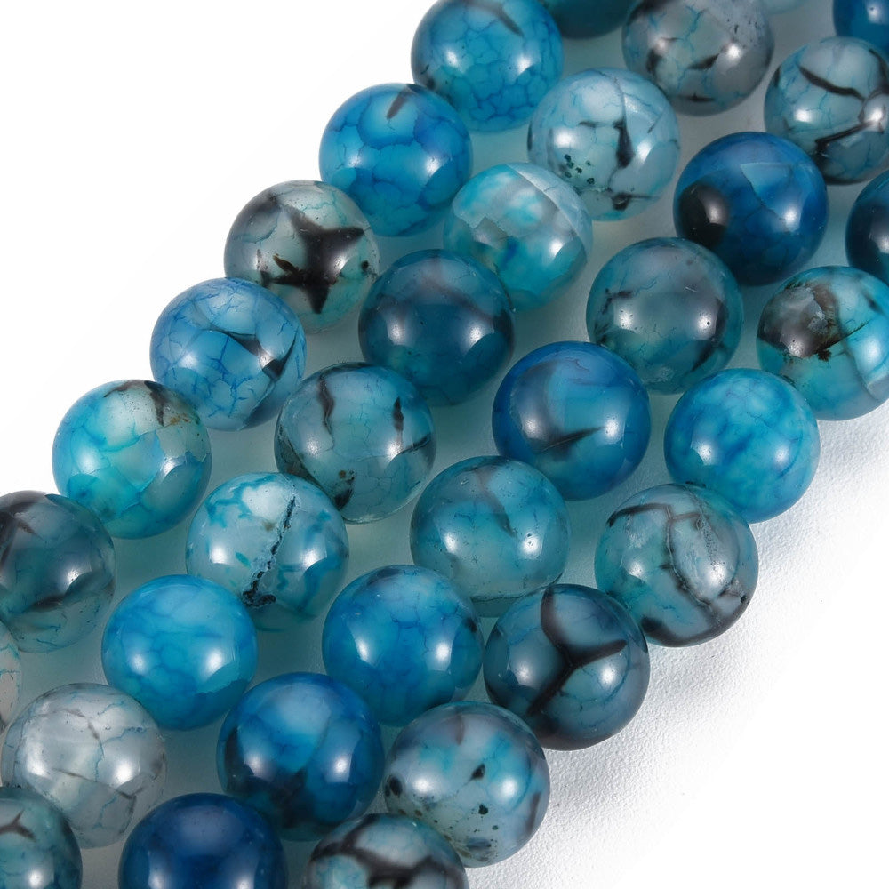 Dragon Vein Agate Beads, Round, Steel Blue Color. Semi-Precious Gemstone Beads for Jewelry Making.  Size: 8mm Diameter, Hole: 1mm; approx. 46pcs/strand, 14.5" Inches Long.  Material: Natural Dragon Vein Agate Loose Gemstone Beads, Steel Blue Color Stone Beads. Polished, Shinny Finish.