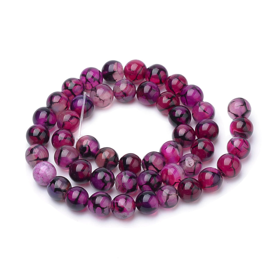 Dragon Veins Agate Beads, Round, Violet Red Color. Semi-Precious Gemstone Beads for Jewelry Making.  Size: 8mm Diameter, Hole: 1mm; approx. 47pcs/strand, 14.5" Inches Long.  Material: Natural Dragon Vein Agate Loose Gemstone Beads, Bright Violet Red Color Stone Beads. Polished, Shinny Finish.