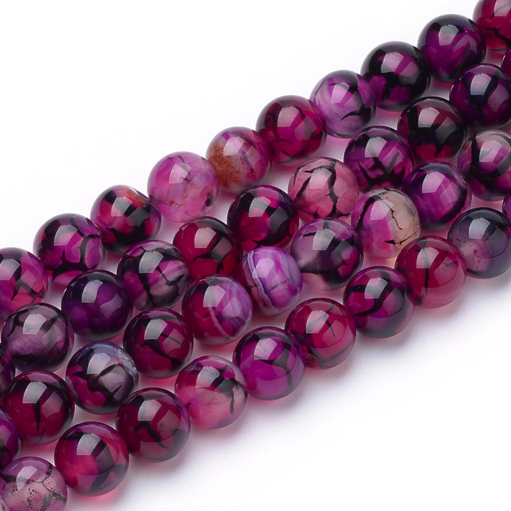Dragon Veins Agate Beads, Round, Violet Red Color. Semi-Precious Gemstone Beads for Jewelry Making.  Size: 8mm Diameter, Hole: 1mm; approx. 47pcs/strand, 14.5" Inches Long.  Material: Natural Dragon Vein Agate Loose Gemstone Beads, Bright Violet Red Color Stone Beads. Polished, Shinny Finish.