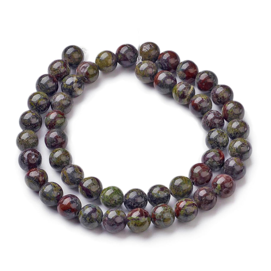 Dragon Blood Jasper Beads, Round, Dark Color. Semi-Precious Stone Jasper Beads.  Size: 8mm Diameter, Hole: 1mm; approx. 44pcs/strand, 14.5" inches long.  Material: Dragon Blood Jasper Stone Beads. Dark Green/Red/Brown Color. Polished, Shinny Finish.