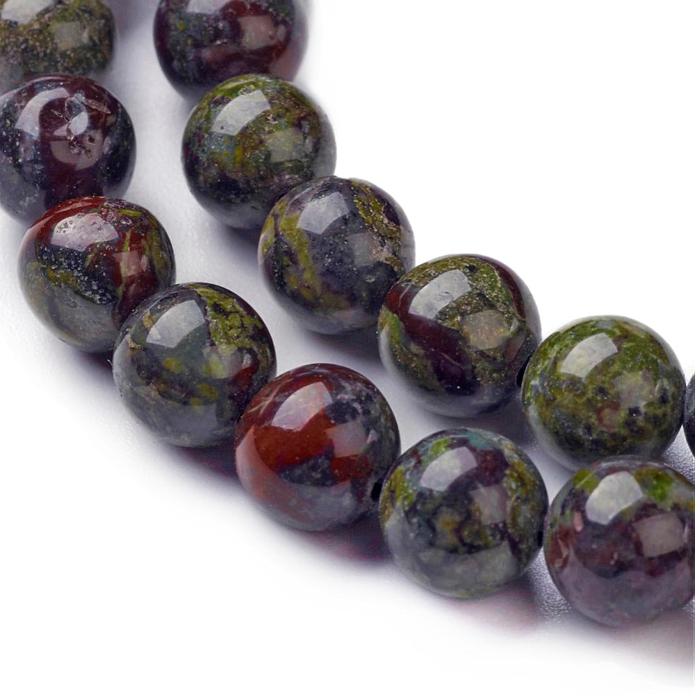 Dragon Blood Jasper Beads, Round, Dark Color. Semi-Precious Stone Jasper Beads.  Size: 8mm Diameter, Hole: 1mm; approx. 44pcs/strand, 14.5" inches long.  Material: Dragon Blood Jasper Stone Beads. Dark Green/Red/Brown Color. Polished, Shinny Finish.
