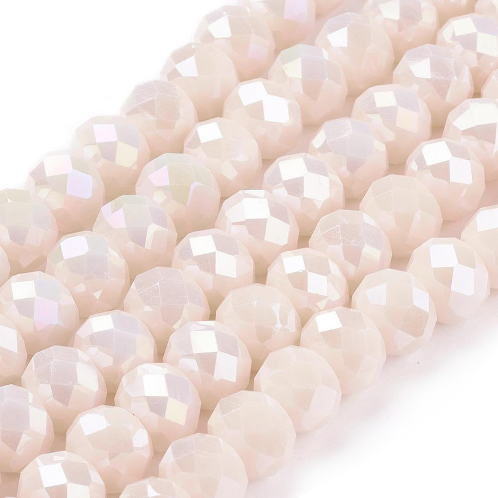 Electroplated Glass Beads, Faceted, Navajo White Color, Rondelle, Glass Crystal Beads. Shinny, Premium Quality Glass Beads for Jewelry Making.  Size: 10mm Diameter, 8mm Thick, Hole: 1mm; approx. 65pcs/strand, 21" inches long.  Material: The Beads are Made from Glass. Electroplated Glass Crystal Beads, Faceted, Rondelle, Navajo White Colored, Luster Plated Beads. Polished, Shinny Finish. 