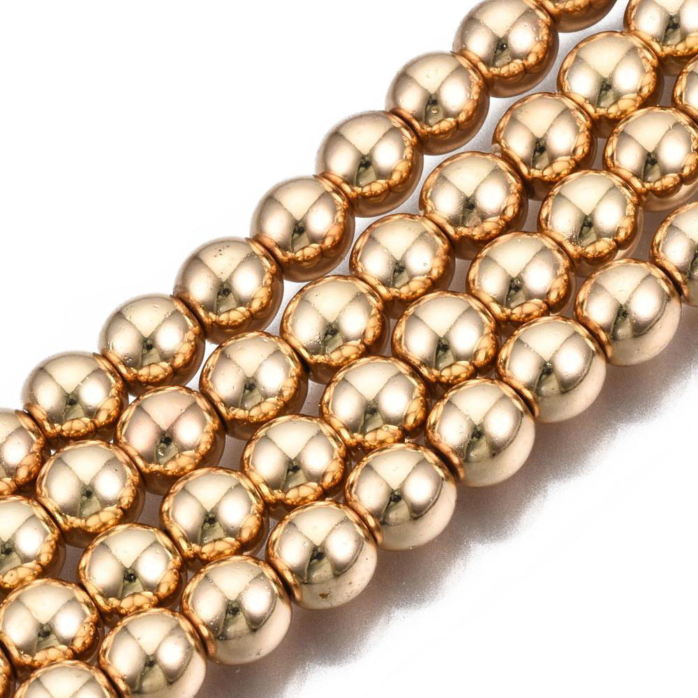 Electroplated Non-Magnetic Hematite Beads, Light Gold Color. Semi-Precious Stone Beads for Jewelry Making.   Size: 2mm Diameter, Hole: 1mm, approx. 195-200pcs/strand, 15" Inches Long.  Material: Non-Magnetic Hematite Beads. Light Gold Color. Shinny Metallic Lustrous Finish.