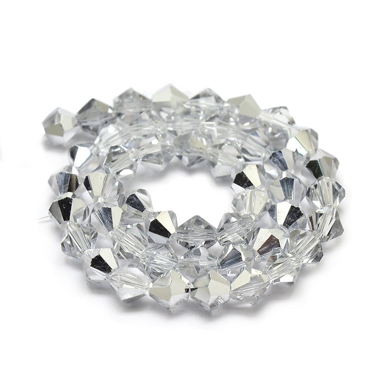 Platinum Plated Glass Crystal Beads, Electroplated, Faceted, Platinum Silver Color, Bicone, Crystal Beads for Jewelry Making.  Size: 4mm Length, 4mm Width, Hole: 1mm; approx. 98pcs/strand, 15" inches long.  Material: The Beads are Made from Glass. Austrian Crystal Imitation Glass Crystal Beads, Bicone, Platinum Plated, Platinum Silver Colored Beads. Polished, Shinny Finish. 