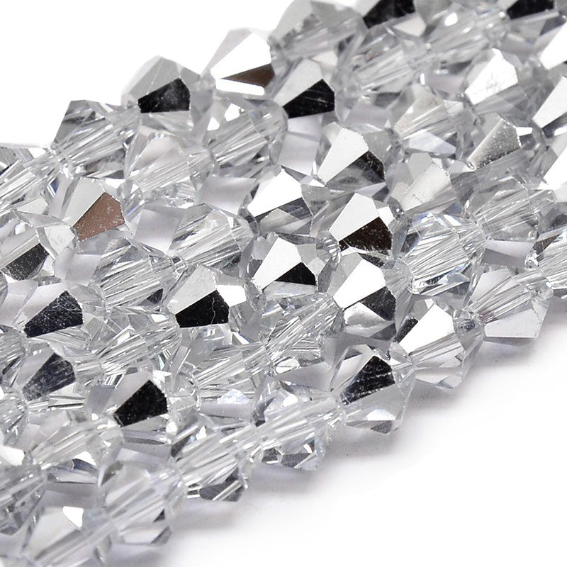 Platinum Plated Glass Crystal Beads, Electroplated, Faceted, Platinum Silver Color, Bicone, Crystal Beads for Jewelry Making.  Size: 4mm Length, 4mm Width, Hole: 1mm; approx. 98pcs/strand, 15" inches long.  Material: The Beads are Made from Glass. Austrian Crystal Imitation Glass Crystal Beads, Bicone, Platinum Plated, Platinum Silver Colored Beads. Polished, Shinny Finish. 