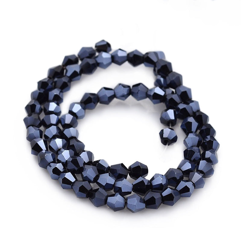 Electroplated Glass Beads, Faceted, Black Color, Bicone, Crystal Beads for Jewelry Making.  Size: 4mm Length, 4mm Width, Hole: 1mm; approx. 65pcs/strand, 13.75" inches long.  Material: The Beads are Made from Glass. Austrian Crystal Imitation Glass Crystal Beads, Bicone, Hematite Plated, Midnight Blue Colored Beads. Polished, Shinny Finish. 