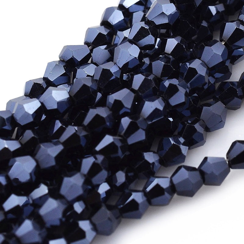 Electroplated Glass Beads, Faceted, Black Color, Bicone, Crystal Beads for Jewelry Making.  Size: 4mm Length, 4mm Width, Hole: 1mm; approx. 65pcs/strand, 13.75" inches long.  Material: The Beads are Made from Glass. Austrian Crystal Imitation Glass Crystal Beads, Bicone, Hematite Plated, Midnight Blue Colored Beads. Polished, Shinny Finish. 