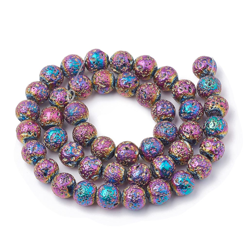 Colorful Electroplated Lava Stone Beads, Round, Bumpy, Blue Purple Yellow Mixed Color Lava Beads for DIY Jewelry Making.  Size: 8-8.5mm Diameter, Hole: 1mm; approx. 46pcs/strand, 15" inches long.  Material: Electroplated Porous Lava Stone Beads, Multi-color Bumpy, Round Beads. Lava Stones are Fairly Lightweight; Making them Great for Jewelry. Affordable, High Quality Beads.