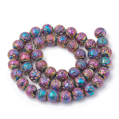 Colorful Electroplated Lava Stone Beads, Round, Bumpy, Blue, Purple, Yellow Mixed Color Lava Beads for DIY Jewelry Making.  Size: 10-10.5mm Diameter, Hole: 1mm; approx. 37-40pcs/strand, 15" inches long.  Material: Electroplated Porous Lava Stone Beads, Multi-color Bumpy, Round Beads. Lava Stones are Fairly Lightweight, Making them Great for Jewelry. Affordable, High-Quality Beads.