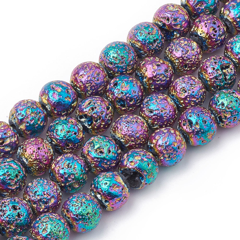 Colorful Electroplated Lava Stone Beads, Round, Bumpy, Blue Purple Yellow Mixed Color Lava Beads for DIY Jewelry Making.  Size: 8-8.5mm Diameter, Hole: 1mm; approx. 46pcs/strand, 15" inches long.  Material: Electroplated Porous Lava Stone Beads, Multi-color Bumpy, Round Beads. Lava Stones are Fairly Lightweight; Making them Great for Jewelry. Affordable, High Quality Beads.