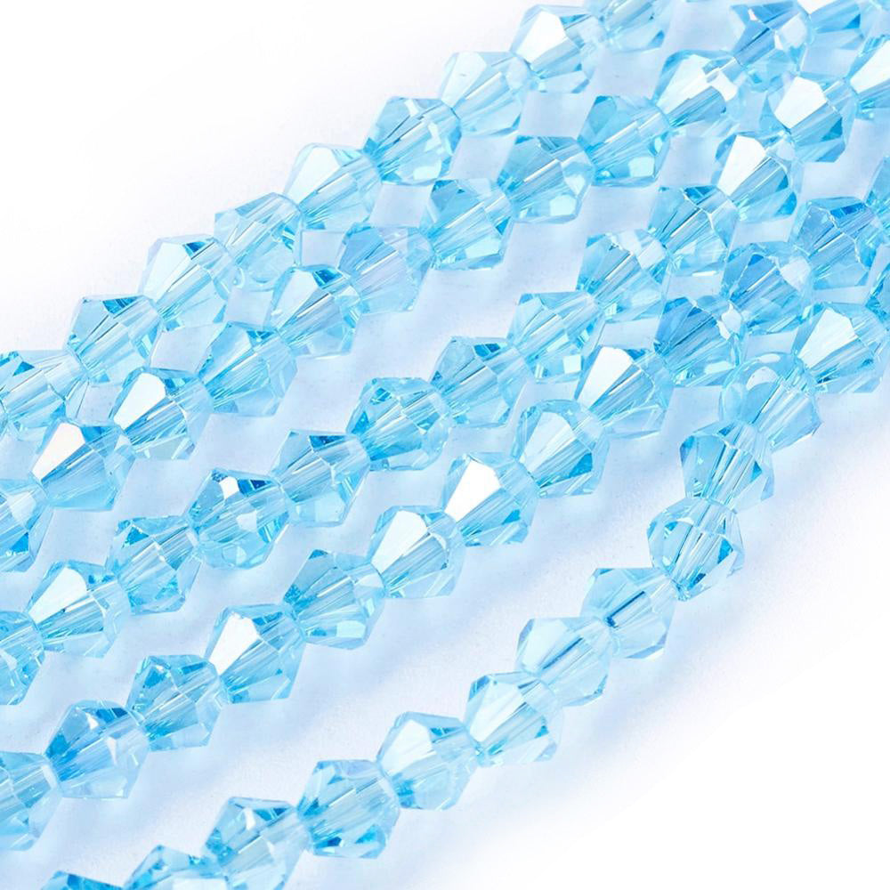 Sky Blue AB Color Plated Glass Crystal Beads, Electroplated, Faceted, Blue Color, Bicone, Crystal Beads for Jewelry Making.  Size: 4mm Length, 4mm Width, Hole: 1mm; approx. 92-96pcs/strand, 13-14" inches long.  Material: The Beads are Made from Glass. Austrian Crystal Imitation Glass Crystal Beads, Bicone, Sky Blue Colored Beads. Polished, Shinny Finish. 