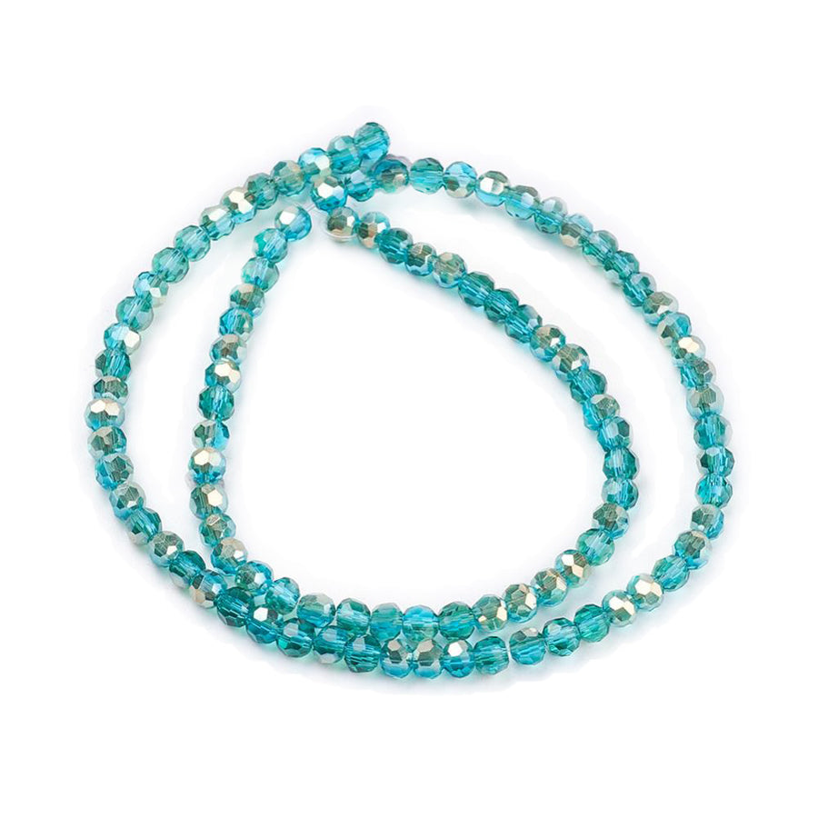 Electroplated Glass Crystal Beads. Faceted, Round, Turquoise Beads for Jewelry Making.  Size: 3mm in Diameter, Hole: 1mm approx. 98pcs per strand, 11" Inches long.  Material: Electroplated Glass Crystal Beads, Half Gold Color Plated. 