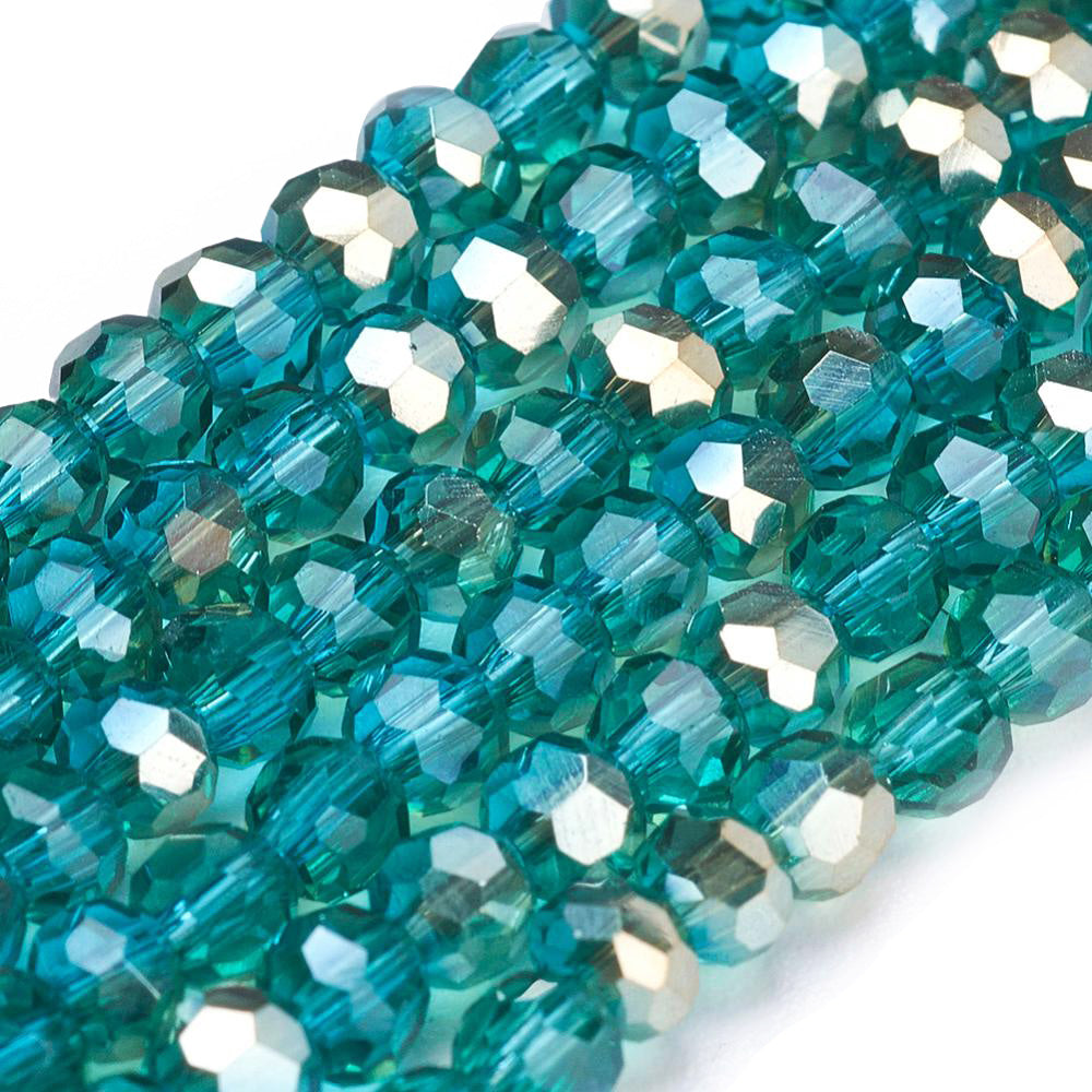 Electroplated Glass Crystal Beads. Faceted, Round, Turquoise Beads for Jewelry Making.  Size: 3mm in Diameter, Hole: 1mm approx. 98pcs per strand, 11" Inches long.  Material: Electroplated Glass Crystal Beads, Half Gold Color Plated. 