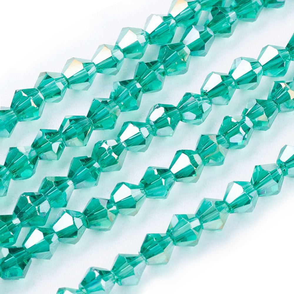Light Sea Green AB Color Plated Glass Crystal Beads, Electroplated, Faceted, Green Color, Bicone, Crystal Beads for Jewelry Making.  Size: 4mm Length, 4mm Width, Hole: 1mm; approx. 92-96pcs/strand, 13-14" inches long.  Material: The Beads are Made from Glass. Austrian Crystal Imitation Glass Crystal Beads, Bicone, Sea Green Colored Beads. Polished, Shinny Finish. 