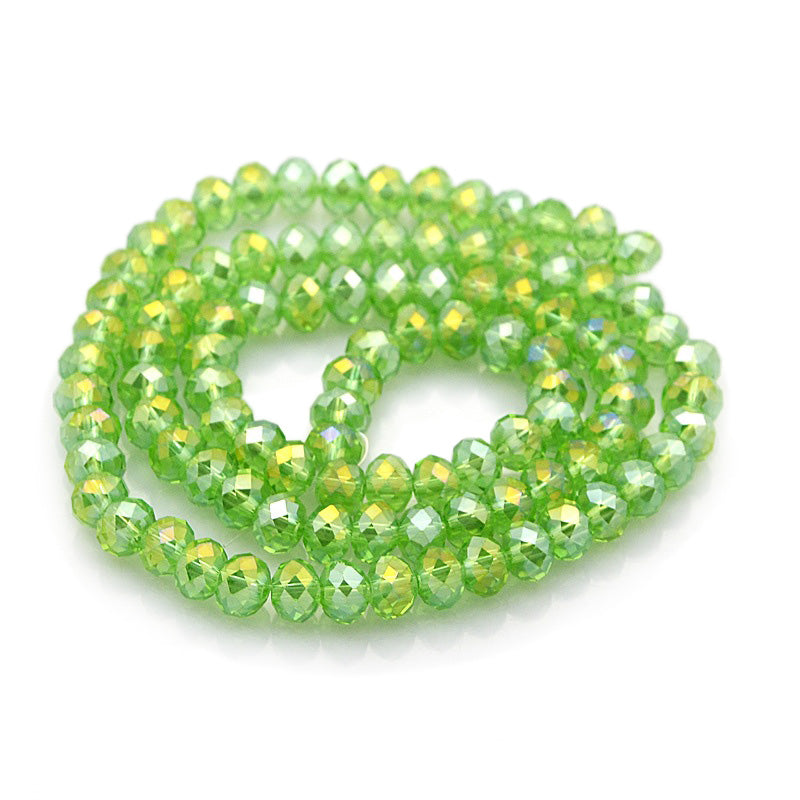 Electroplated Glass Beads, Faceted, Light Green Color, Rondelle, Glass Crystal Bead Strands. Shinny, Premium Quality Crystal Beads for Jewelry Making.  Size: 6mm Diameter, 4mm Thick, Hole: 1mm; approx. 98pcs/strand, 17" inches long.  Material: The Beads are Made from Glass. Electroplated Glass Crystal Beads, Rondelle, Light Green AB Colored Beads. Polished, Shinny Finish.
