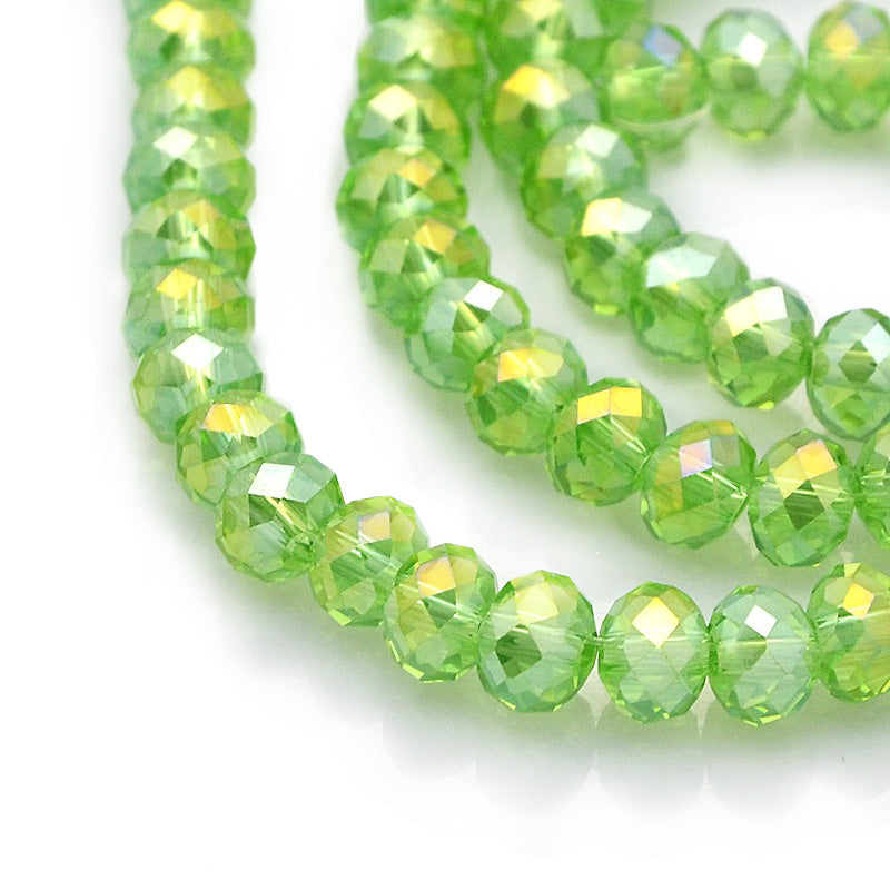 Electroplated Glass Beads, Faceted, Light Green Color, Rondelle, Glass Crystal Bead Strands. Shinny, Premium Quality Crystal Beads for Jewelry Making.  Size: 6mm Diameter, 4mm Thick, Hole: 1mm; approx. 98pcs/strand, 17" inches long.  Material: The Beads are Made from Glass. Electroplated Glass Crystal Beads, Rondelle, Light Green AB Colored Beads. Polished, Shinny Finish.