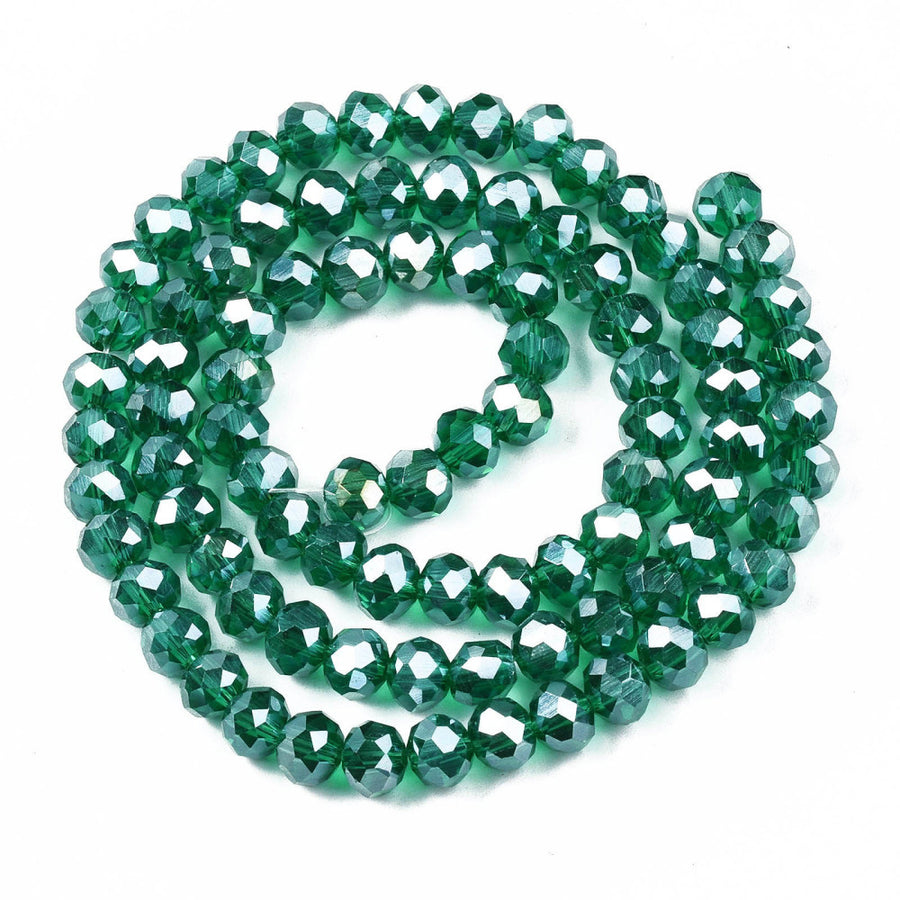 Electroplated Glass Beads, Faceted, Rondelle, Sea Green Color, Glass Crystal Beads for Jewelry Making.  Size: 6mm Diameter, 5mm Thick, Hole: 1mm; approx. 85pcs/strand, 16" inches long.  Material: The Beads are Made from Glass. Electroplated Glass Crystal Beads, Rondelle, Sea Green Color. Sparkling, Shinny Finish.