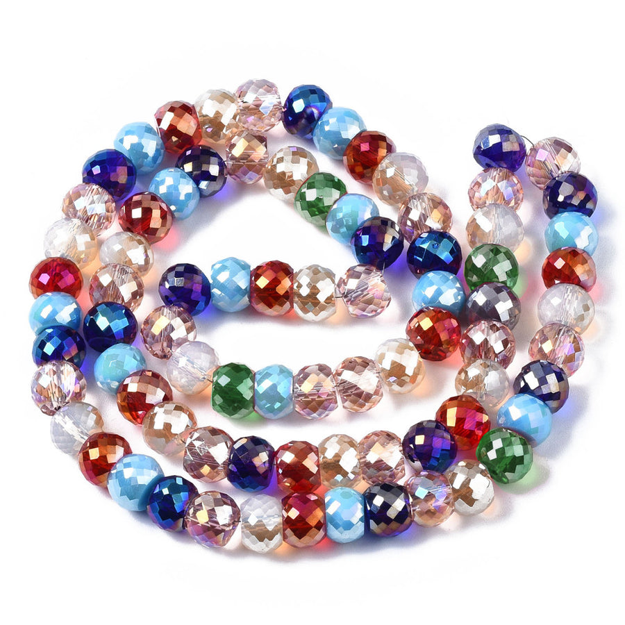 Electroplated Glass Beads, Faceted, Mixed Color, AB Color Plated, Round Glass Crystal Beads. Shinny, Premium Quality Crystal Beads for Jewelry Making.  Size: 8mm Diameter, 6mm Thick, Hole: 1mm; approx. 75pcs/strand, 17" inches long.  Material: The Beads are Made from Glass. Glass Crystal Beads , AB Color Plated Mixed Color Beads. Sparkly, Shinny Finish.