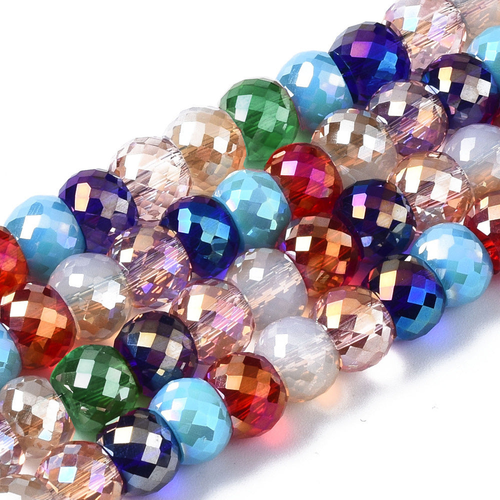 Electroplated Glass Beads, Faceted, Mixed Color, AB Color Plated, Round Glass Crystal Beads. Shinny, Premium Quality Crystal Beads for Jewelry Making.  Size: 8mm Diameter, 6mm Thick, Hole: 1mm; approx. 75pcs/strand, 17" inches long.  Material: The Beads are Made from Glass. Glass Crystal Beads , AB Color Plated Mixed Color Beads. Sparkly, Shinny Finish.