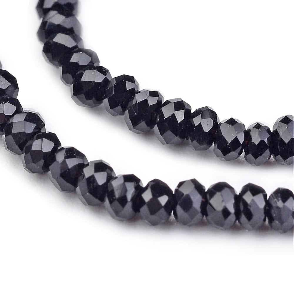 Electroplated Glass Crystal Beads, Faceted, Black Color, Rondelle, Glass Crystal Beads. Shinny Glass Crystal Beads for Jewelry Making.  Size: 3mm Diameter, 2mm Thick, Hole: 0.8mm; approx. 185pcs/strand, 15" inches long.  Material: Electroplated Glass Crystal Beads, Rondelle, Black Colored Austrian Crystal Imitation Beads. Polished, Shinny Finish.