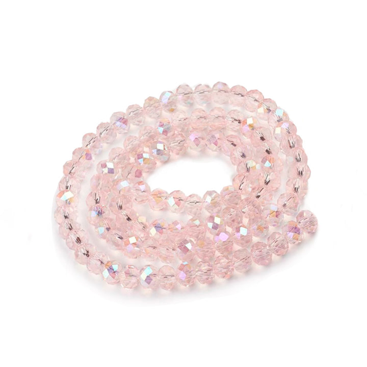 Electroplated Glass Beads, Faceted, Pink Color, Rondelle, Rainbow Plated Glass Crystal Beads. Shinny  Glass Beads for Jewelry Making.  Size: 4mm Diameter, 3mm Thick, Hole: 1mm; approx. 120-125pcs/strand, 15.5" inches long.  Material: The Beads are Made from Glass. Electroplated Austrian Crystal Imitation Glass Crystal Beads, Faceted, Rondelle, Pink Colored Rainbow Plated Beads. Polished, Shinny Finish.