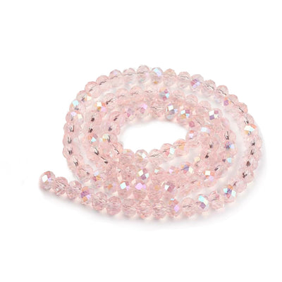 Electroplated Glass Beads, Faceted, Pink Color, Rondelle, Rainbow Plated Glass Crystal Beads. Shinny  Glass Beads for Jewelry Making.  Size: 4mm Diameter, 3mm Thick, Hole: 1mm; approx. 120-125pcs/strand, 15.5" inches long.  Material: The Beads are Made from Glass. Electroplated Austrian Crystal Imitation Glass Crystal Beads, Faceted, Rondelle, Pink Colored Rainbow Plated Beads. Polished, Shinny Finish.