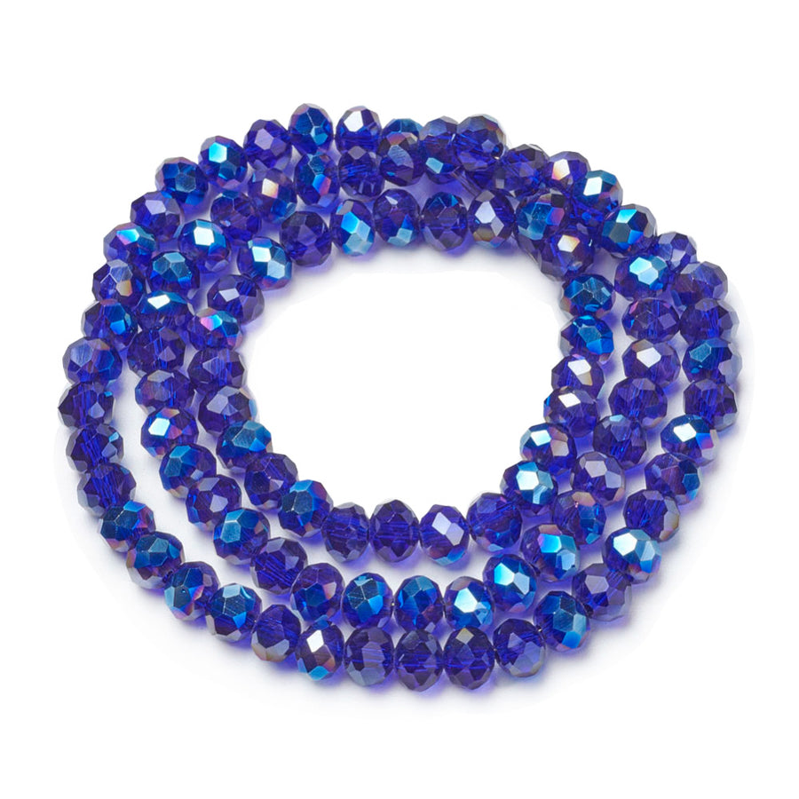 Electroplated Glass Beads, Faceted, Royal Blue Color, Rondelle, Glass Crystal Beads. Shinny Crystal Beads for Jewelry Making.  Size: 4mm Diameter, 3mm Thick, Hole: 1mm; approx. 120-125pcs/strand, 17" inches long.  Material: The Beads are Made from Glass. Electroplated Glass Crystal Beads, Rondelle, Deep Royal Blue  Half AB Colored Beads. Polished, Shinny Finish.