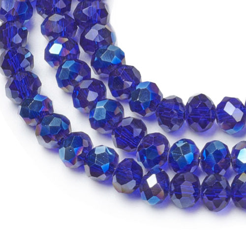 Electroplated Glass Beads, Faceted, Royal Blue Color, Rondelle, Glass Crystal Beads. Shinny Crystal Beads for Jewelry Making.  Size: 4mm Diameter, 3mm Thick, Hole: 1mm; approx. 120-125pcs/strand, 17" inches long.  Material: The Beads are Made from Glass. Electroplated Glass Crystal Beads, Rondelle, Deep Royal Blue  Half AB Colored Beads. Polished, Shinny Finish.