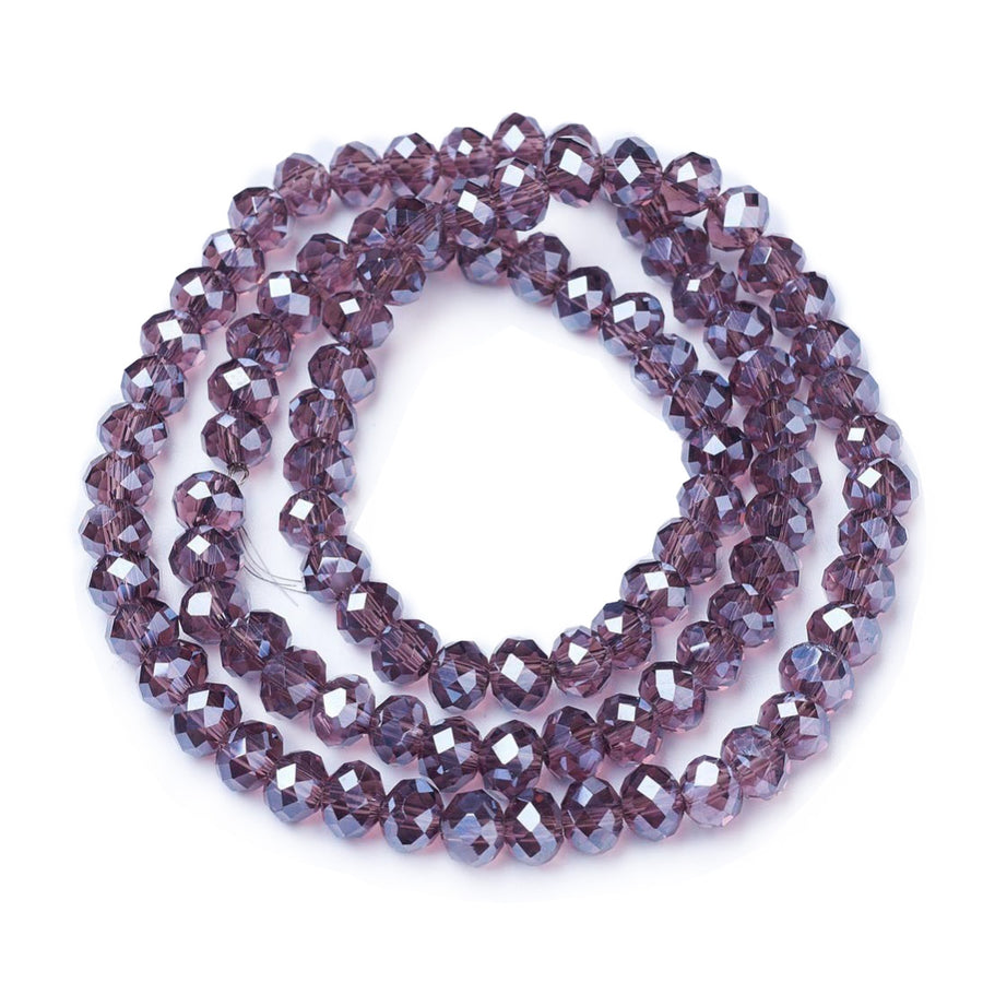 Electroplated Glass Beads, Faceted, Burgundy Purple Color, Rondelle, Pearl Luster Plated Glass Crystal Beads. Shinny  Glass Beads for Jewelry Making.  Size: 8mm Diameter, 6mm Thick, Hole: 1mm; approx. 68-72pcs/strand, 15.5" inches long.  Material: The Beads are Made from Glass. Austrian Crystal Imitation Glass Crystal Beads, Faceted, Rondelle, Burgundy Purple Color AB Color  Plated Beads. Polished, Shinny Finish. 