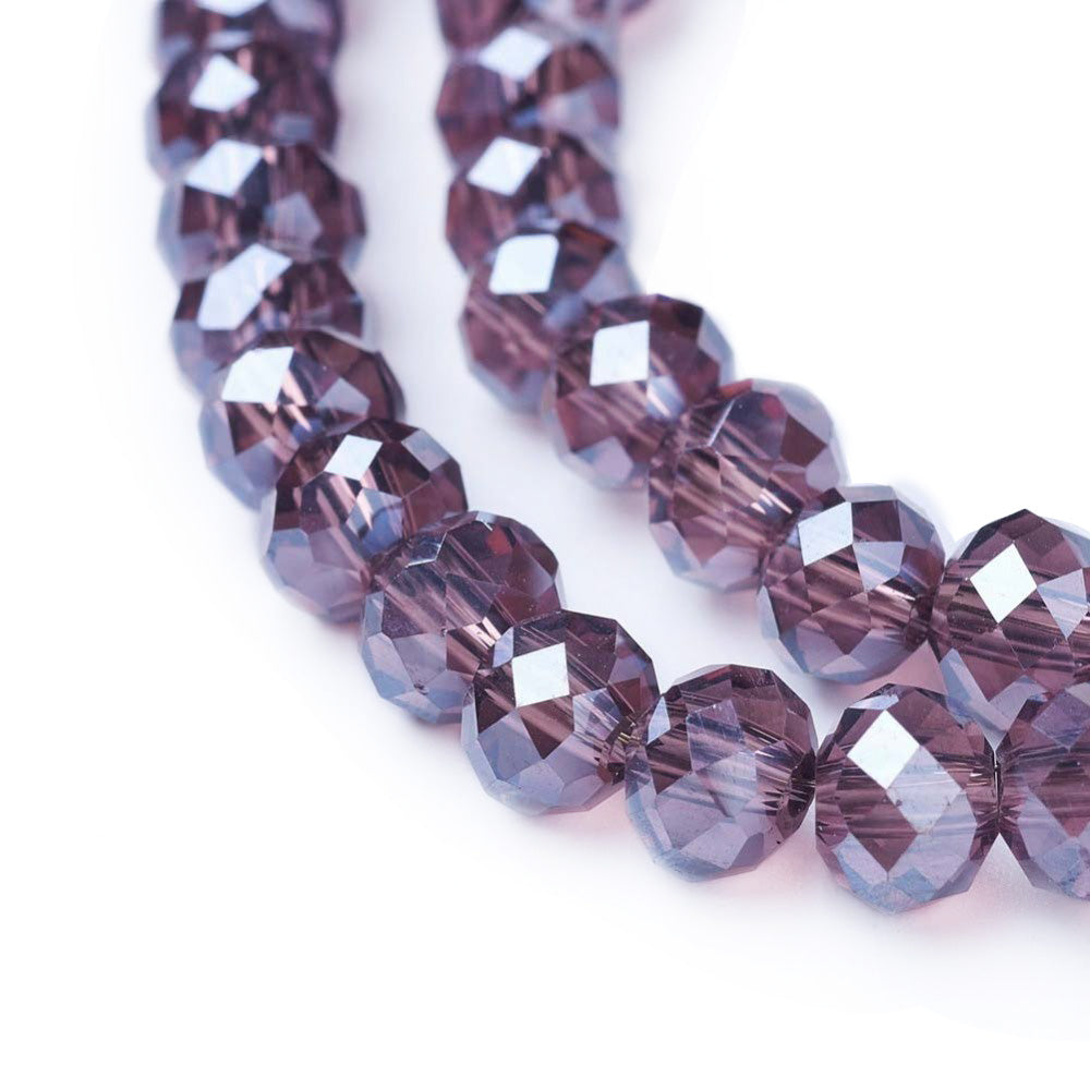 Electroplated Glass Beads, Faceted, Burgundy Purple Color, Rondelle, Pearl Luster Plated Glass Crystal Beads. Shinny  Glass Beads for Jewelry Making.  Size: 8mm Diameter, 6mm Thick, Hole: 1mm; approx. 68-72pcs/strand, 15.5" inches long.  Material: The Beads are Made from Glass. Austrian Crystal Imitation Glass Crystal Beads, Faceted, Rondelle, Burgundy Purple Color AB Color  Plated Beads. Polished, Shinny Finish. 