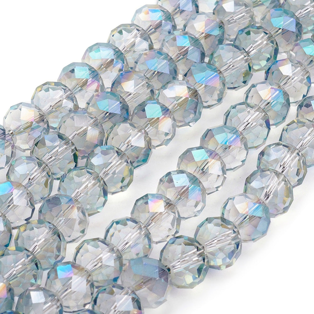 Electroplated Glass Beads, Faceted, Rainbow Plated Dark Turquoise Color, Rondelle, Glass Crystal Beads. Shinny, Premium Quality Crystal Beads for Jewelry Making.  Size: 10mm Diameter, 8mm Thick, Hole: 1mm; approx. 70pcs/strand, 21" inches long.  Material: The Beads are Made from Glass. Electroplated Glass Crystal Beads, Faceted, Rondelle, Dark Turquoise Colored Rainbow Plated Beads. Polished, Shinny Finish. 
