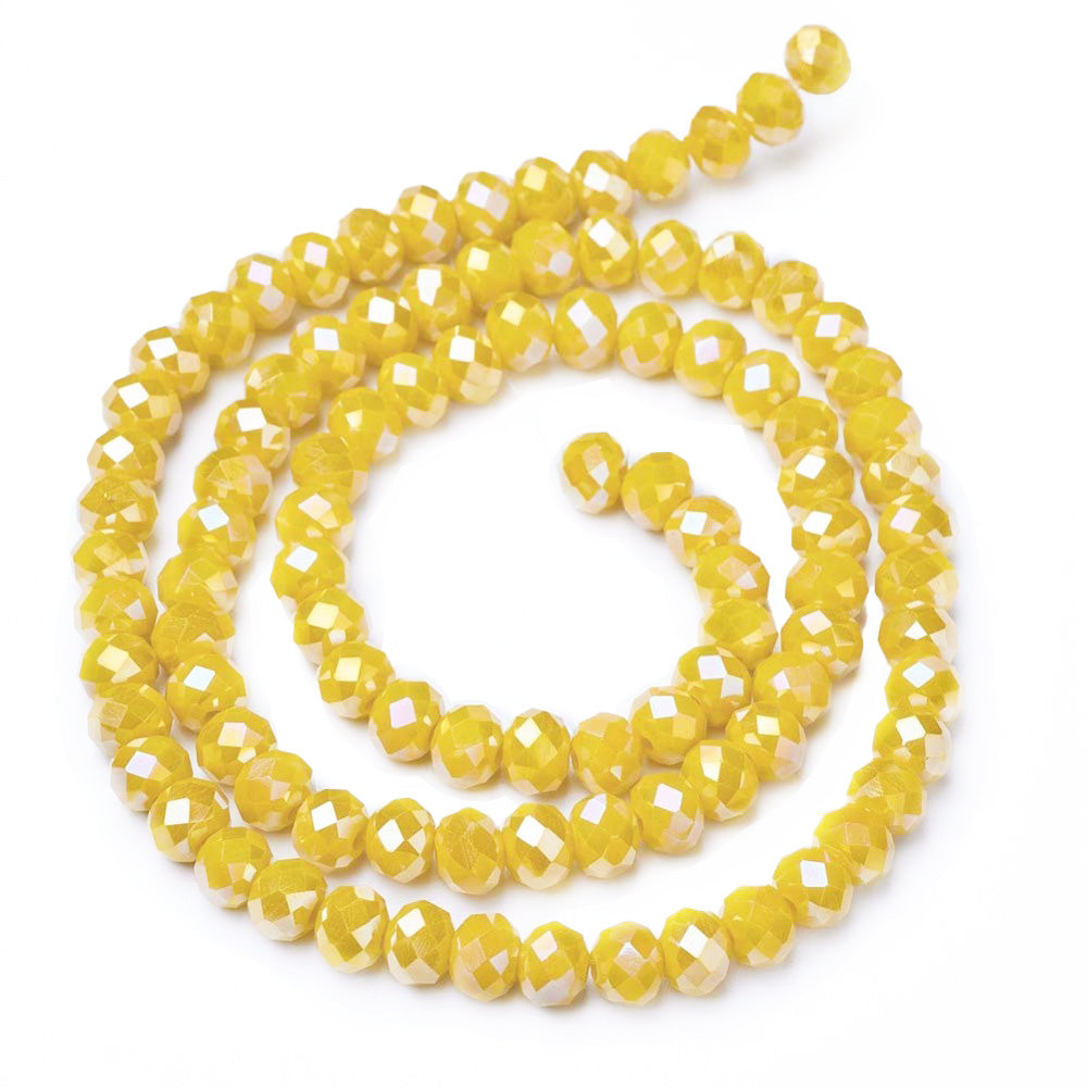 Electroplated Glass Crystal Beads, Faceted, Opaque Golden Yellow Color, Rondelle, AB Color Plated Glass Crystal Beads for Jewelry Making.  Size: 4mm Diameter, 3mm Thick, Hole: 0.4mm; approx. 120-130pcs/strand, 16" inches long.  Material: The Beads are Made from Glass. Electroplated Glass Crystal Beads, Rondelle, Bright Gold Yellow Color, AB Color Plated Beads. Polished, Shinny Finish.