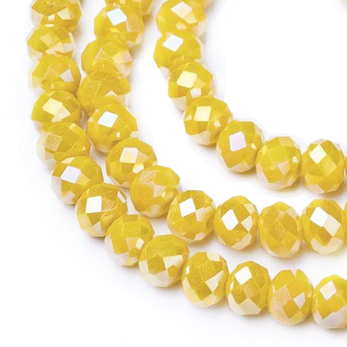 Electroplated Glass Crystal Beads, Faceted, Opaque Golden Yellow Color, Rondelle, AB Color Plated Glass Crystal Beads for Jewelry Making.  Size: 4mm Diameter, 3mm Thick, Hole: 0.4mm; approx. 120-130pcs/strand, 16" inches long.  Material: The Beads are Made from Glass. Electroplated Glass Crystal Beads, Rondelle, Bright Gold Yellow Color, AB Color Plated Beads. Polished, Shinny Finish.