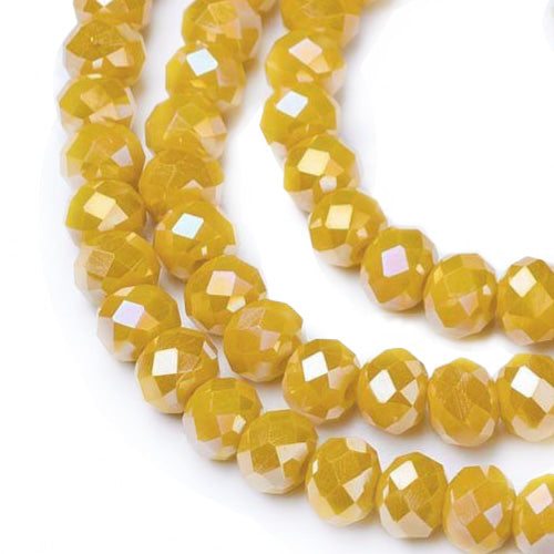 Electroplated Glass Crystal Beads, Faceted, Opaque Gold Color, Rondelle, AB Color Plated Glass Crystal Beads for Jewelry Making.  Size: 8mm Diameter, 6mm Thick, Hole: 1mm; approx. 65-68pcs/strand, 16" inches long.  Material: The Beads are Made from Glass. Electroplated Glass Crystal Beads, Rondelle, Dark Gold Yellow Color, AB Color Plated Beads. Polished, Shinny Finish.