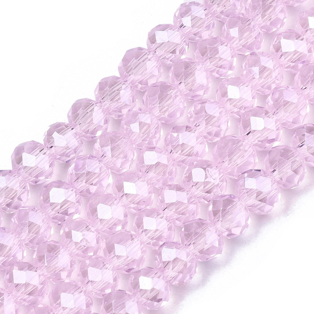 Electroplated Glass Beads, Faceted, Pink Color, Rondelle, Pearl Luster Plated Glass Crystal Beads. Shinny Glass Beads for Jewelry Making.  Size: 6mm Diameter, 5mm Thick, Hole: 1mm; approx. 85-88pcs/strand, 15.5" inches long.  Material: The Beads are Made from Glass. Electroplated Austrian Crystal Imitation Glass Crystal Beads, Faceted, Rondelle, Pink Colored Pearl Luster Plated Beads. Polished, Shinny Finish.