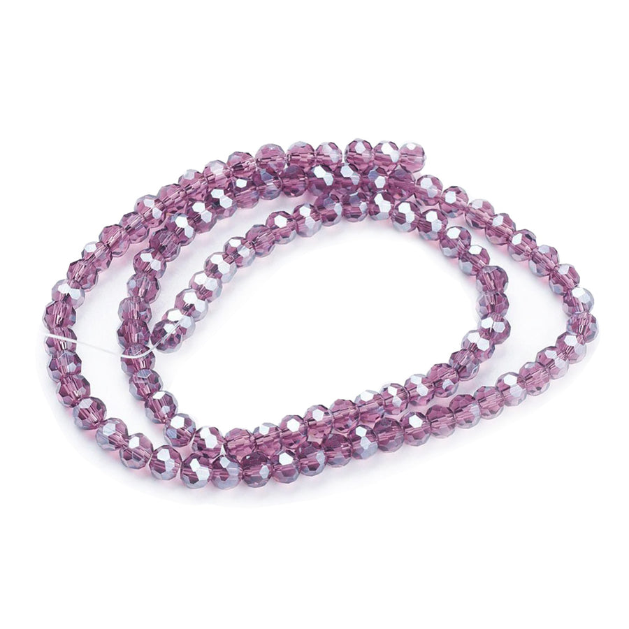 Electroplated Glass Beads, Round, Faceted, Purple Color, Pearl Luster Plated Glass Crystal Beads for Jewelry Making.  Size: 4mm Diameter, Hole: 0.5mm; approx. 92-100pcs/strand, 14" inches long.  Material: The Beads are Made from Glass. Electroplated Austrian Crystal Imitation Glass Crystal Beads, Faceted, Round, Purple Colored Pearl Luster Plated Beads. Shinny Finish. 