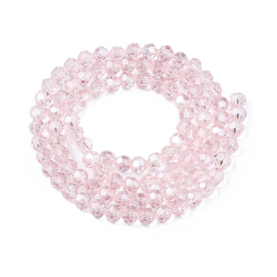 Electroplated Glass Beads, Round, Faceted, Pink Color, Pearl Luster Plated Glass Crystal Beads for Jewelry Making.  Size: 4mm Diameter, Hole: 0.5mm; approx. 92-100pcs/strand, 14" inches long.  Material: The Beads are Made from Glass. Electroplated Austrian Crystal Imitation Glass Crystal Beads, Faceted, Round,, Pink Colored Pearl Luster Plated Beads. Shinny Finish. 