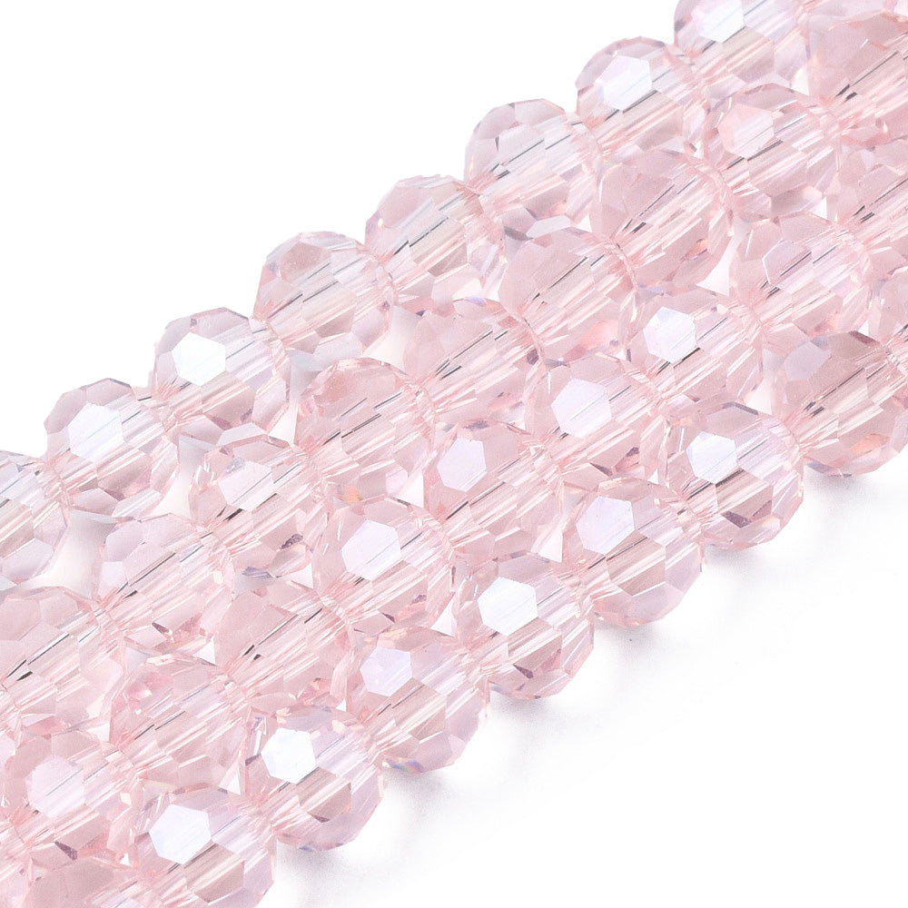 Electroplated Glass Beads, Round, Faceted, Pink Color, Pearl Luster Plated Glass Crystal Beads for Jewelry Making.  Size: 4mm Diameter, Hole: 0.5mm; approx. 92-100pcs/strand, 14" inches long.  Material: The Beads are Made from Glass. Electroplated Austrian Crystal Imitation Glass Crystal Beads, Faceted, Round,, Pink Colored Pearl Luster Plated Beads. Shinny Finish. 